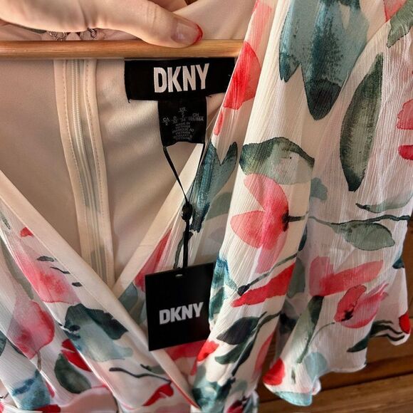 NWT DKNY 2 Midi Dress White Blue Pink Floral‎ Belted Midi Length - Picture 4 of 6